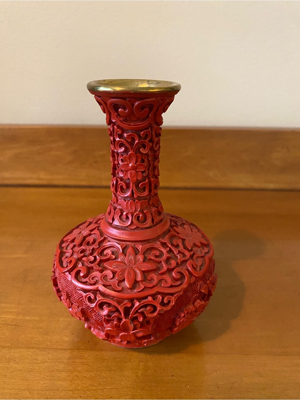 Vintage Chinese Cinnabar Vase, Hand-Carved Flower Design